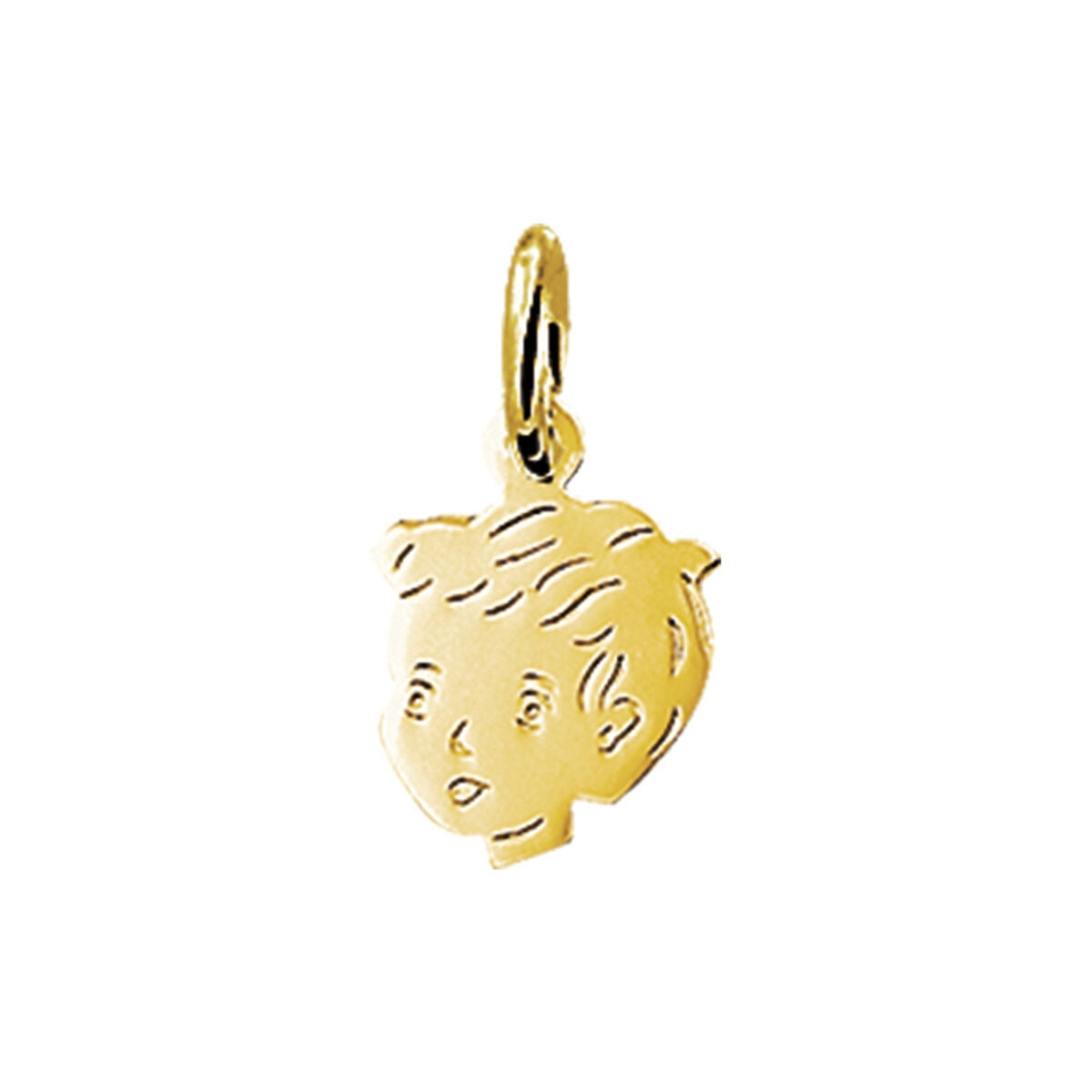 Colgante en forma de niño de 14K oro amarillo, con un diseño detallado y dimensiones de 12,5 x 8,5 mm.