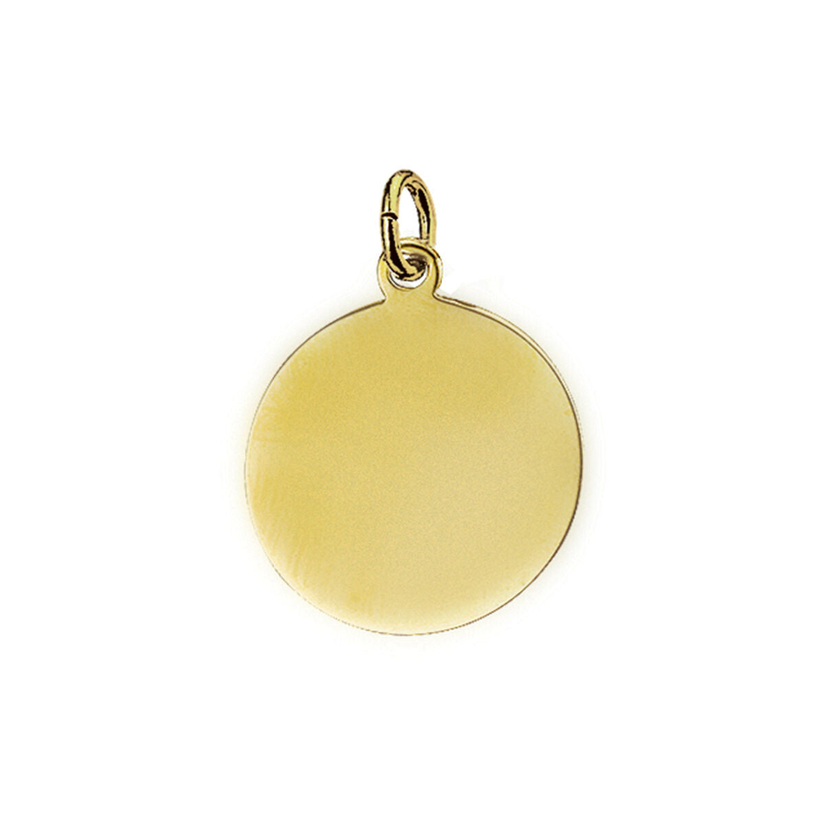 Colgante redondo de oro amarillo de 14 quilates, superficie lisa y brillante.
