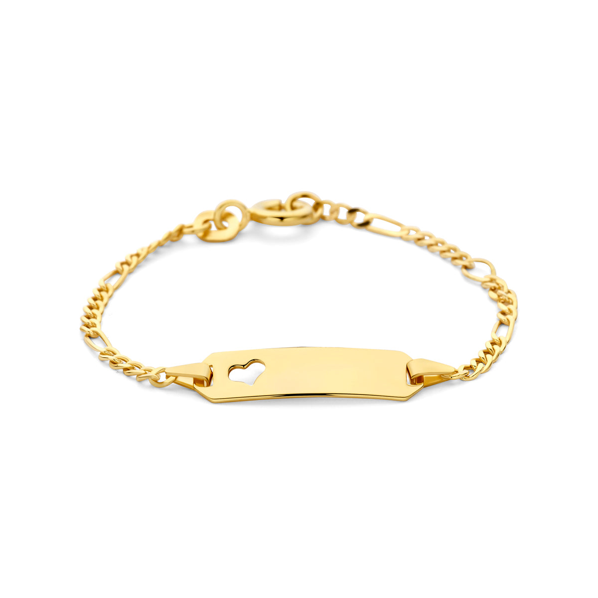 Pulsera de Figaro en oro amarillo de 14K con placa grabable y detalle de corazón.