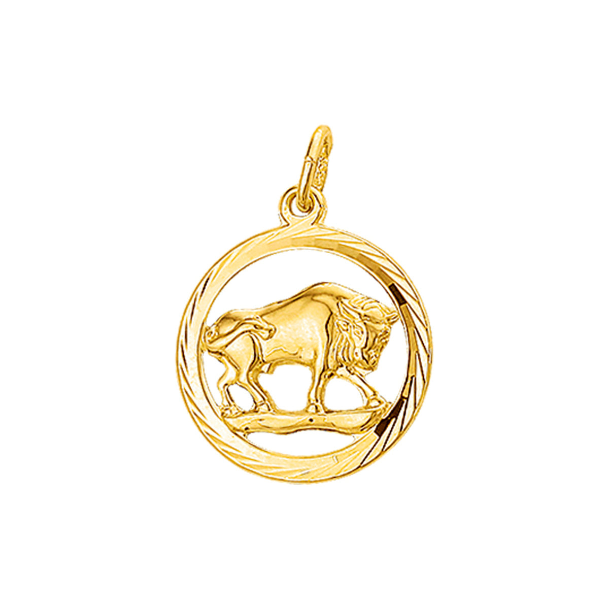 Colgante de oro amarillo de 14K con diseño de toro, acabado gediamanteerd y borde trenzado.