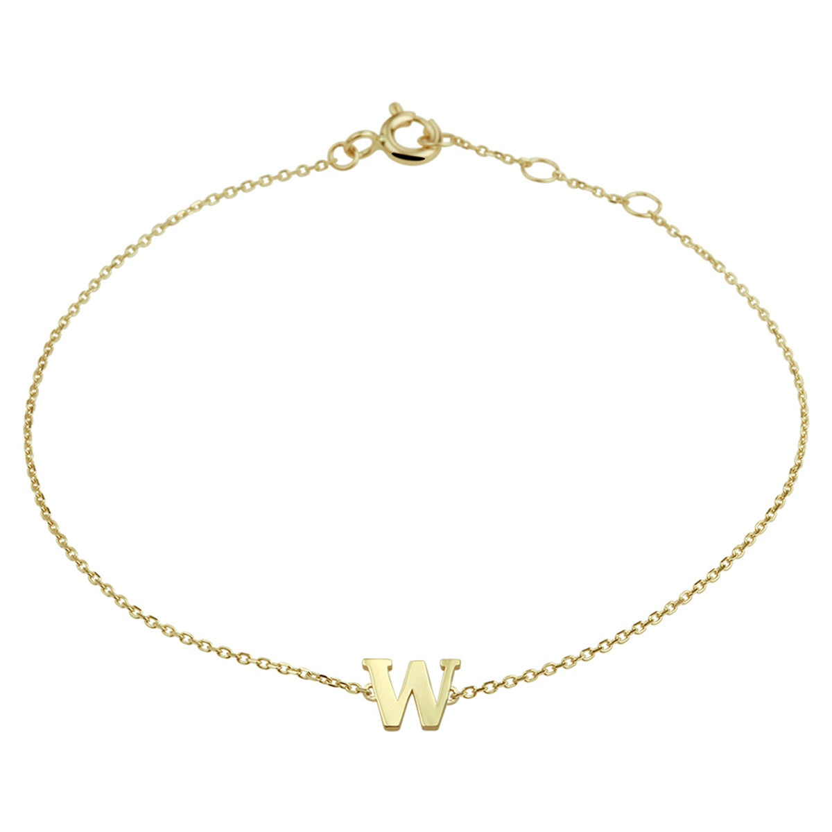 Pulsera de 14K en oro amarillo con letra "W" y cadena delicada, ajustable de 16,5 a 18,5 cm.