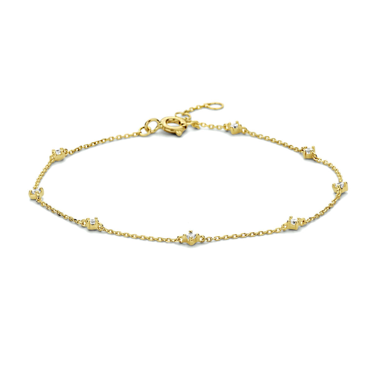 Pulsera de oro amarillo de 14K con circonitas, diseño delicado y longitud ajustable de 16,5 a 18,5 cm.