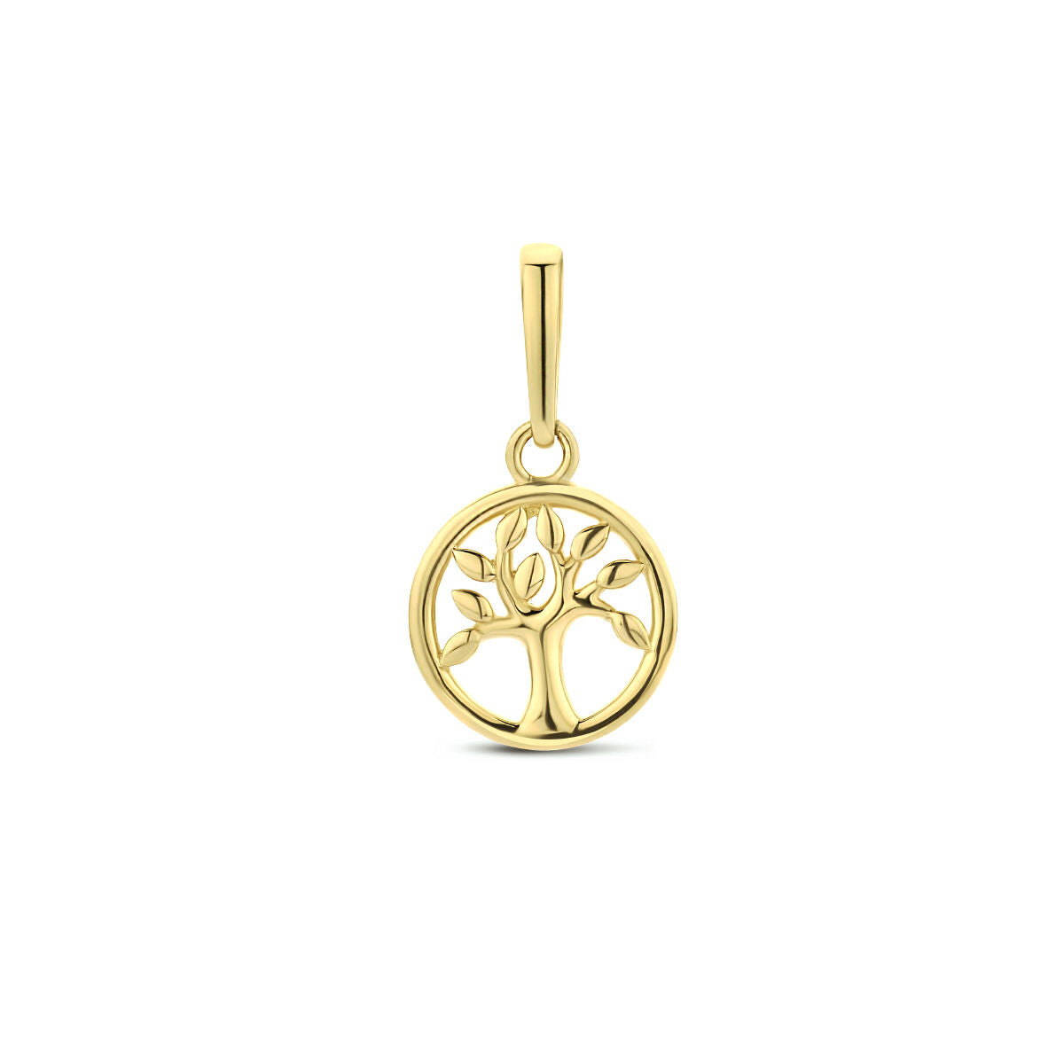 Hanger levensboom van 14K geelgoud met een ronde schijf en gedetailleerde boomstructuur.