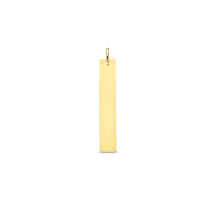 De graveerhanger 14K geelgoud van Van der Kooij Collectie is een eenvoudige rechthoekige hanger met gladde randen en een kleine lus, ideaal als stijlvolle dameshanger. Geleverd op een effen witte achtergrond.
