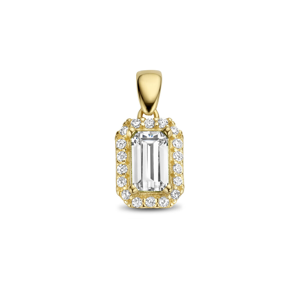 Colgante de oro amarillo de 14K con zircón en forma rectangular y halo de piedras brillantes.
