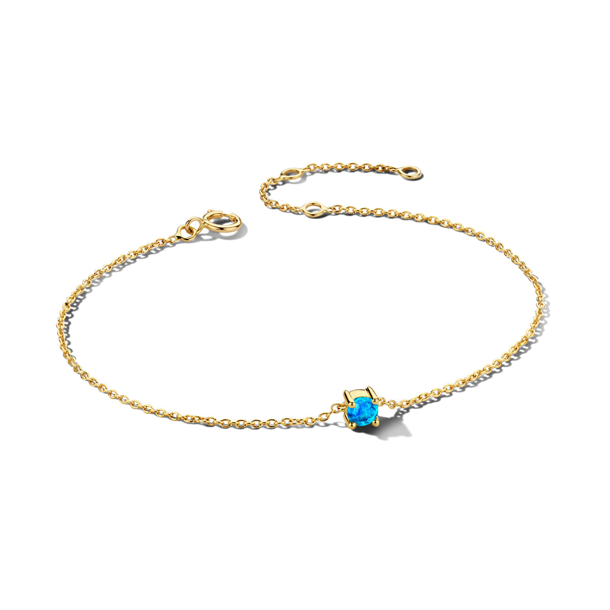 Pulsera de oro amarillo de 14K con piedra de nacimiento azul, ajustable de 15,5 a 18,5 cm.