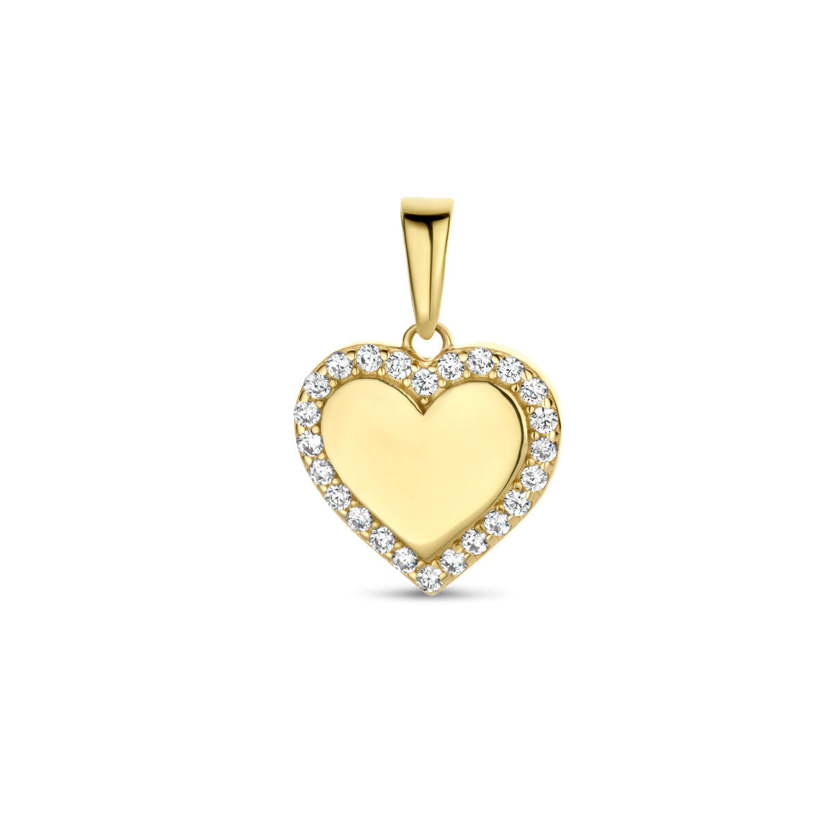 Colgante en forma de corazón de oro amarillo de 14K, adornado con circonitas brillantes.
