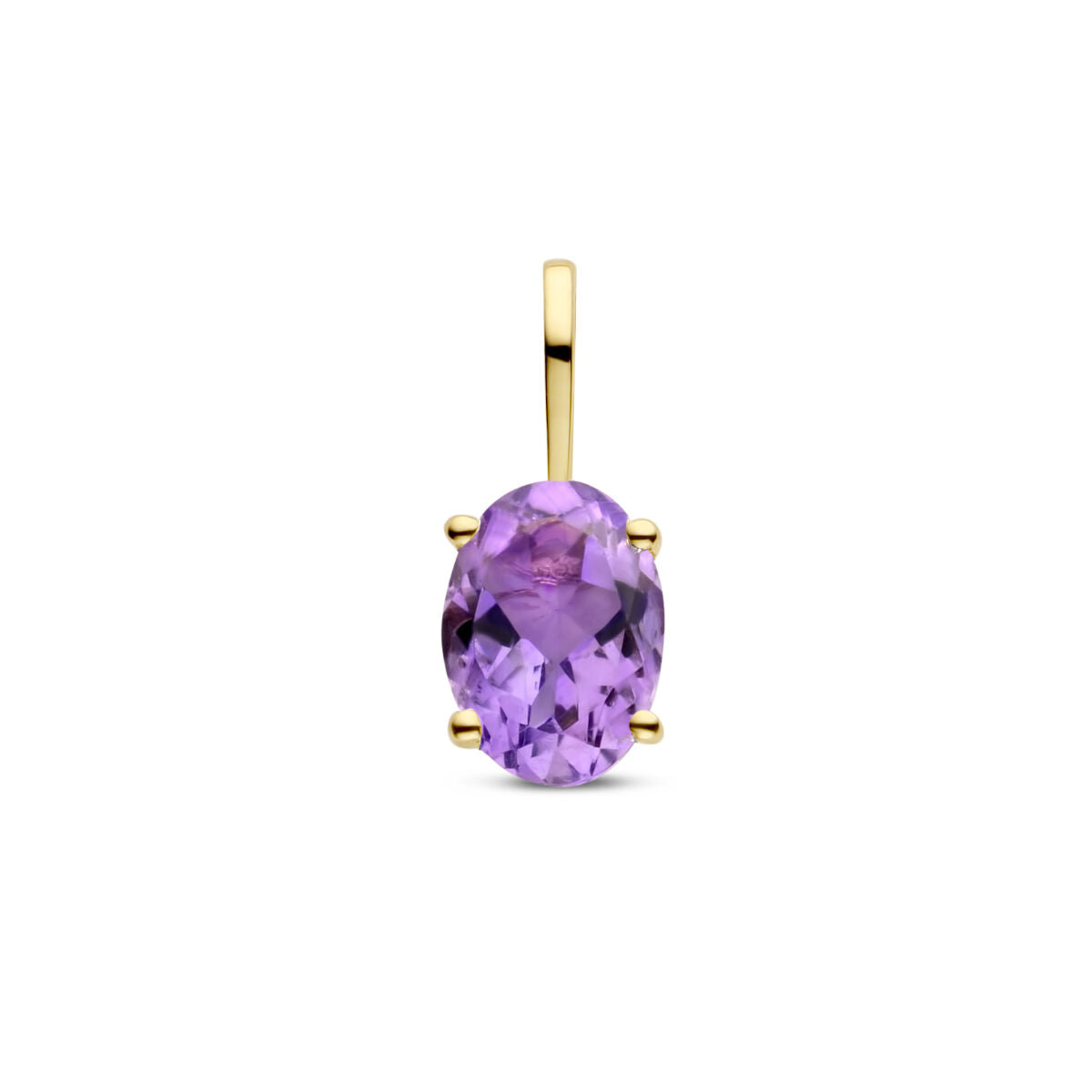Colgante de oro amarillo de 14K con piedra de nacimiento ovalada en color púrpura.