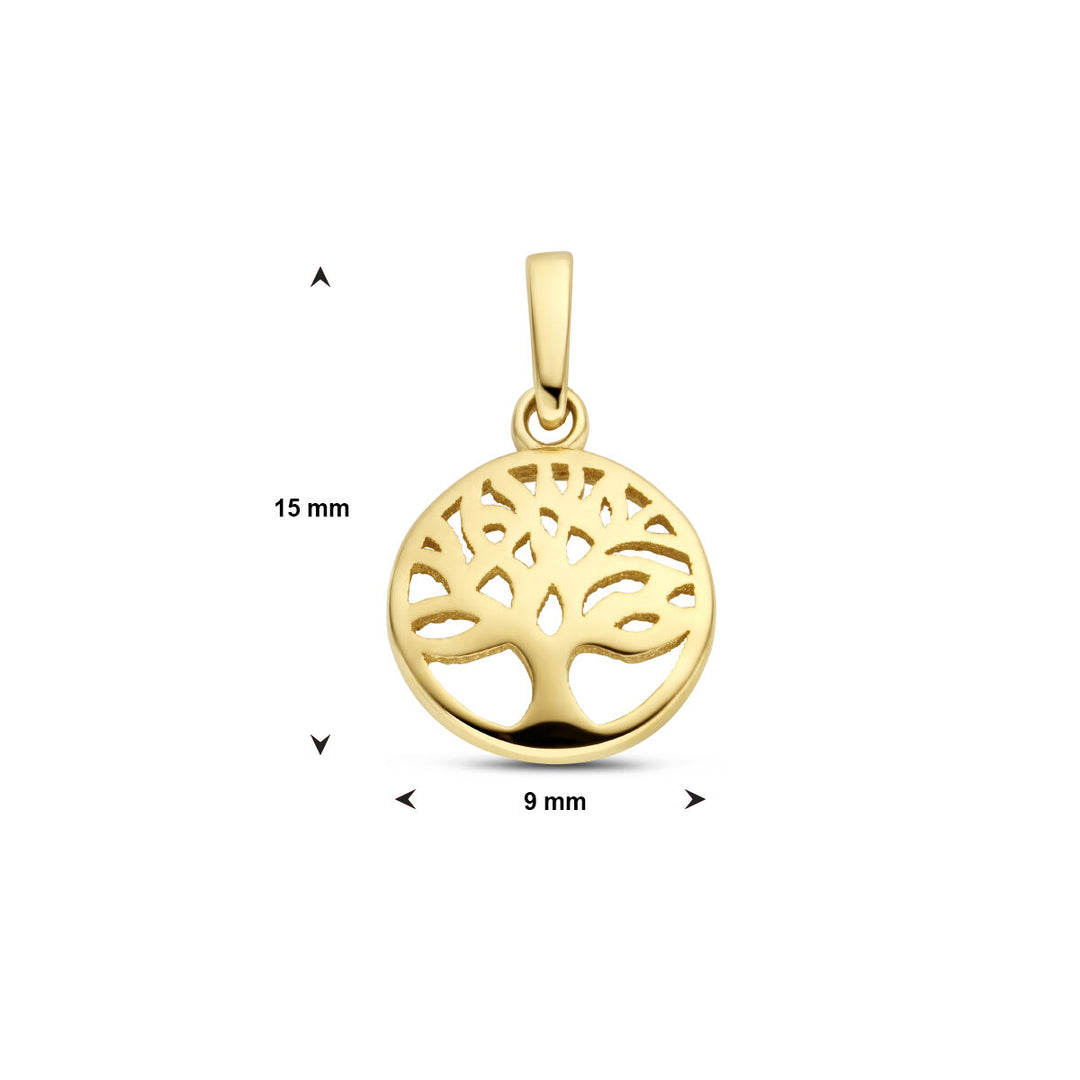 De hanger levensboom 14K geelgoud uit de Van der Kooij Collectie heeft een uitgesneden levensboom ontwerp in ronde omlijsting, meet 15 mm x 9 mm en straalt elegantie uit. Prachtig gefotografeerd op een witte achtergrond.