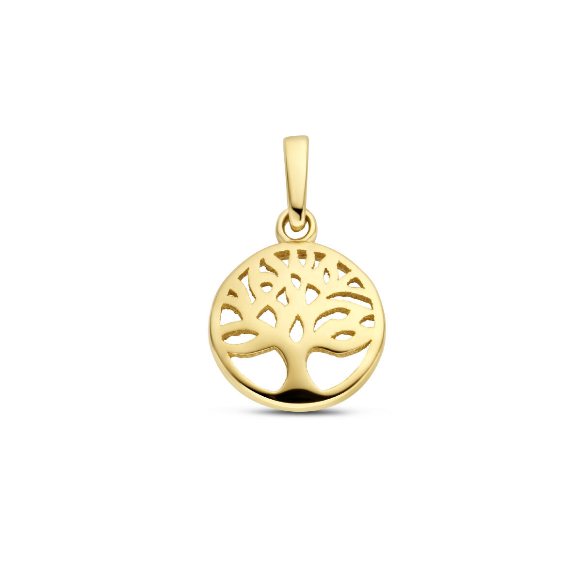 Colgante de árbol de la vida en oro amarillo de 14 quilates, con diseño detallado y forma redonda.