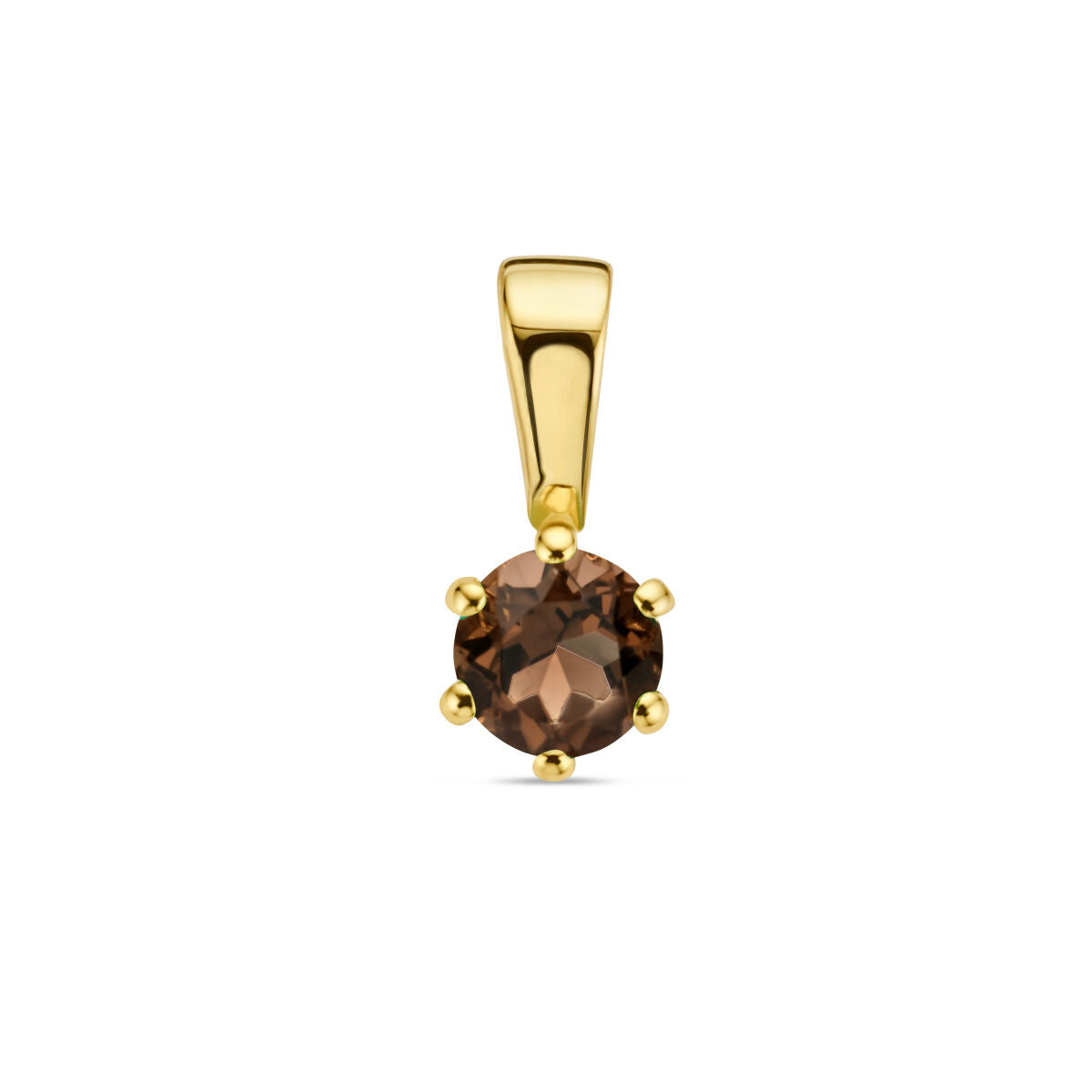 Hanger van 14K geelgoud met een ronde rookkwarts, gezet in zes gouden klauwen.