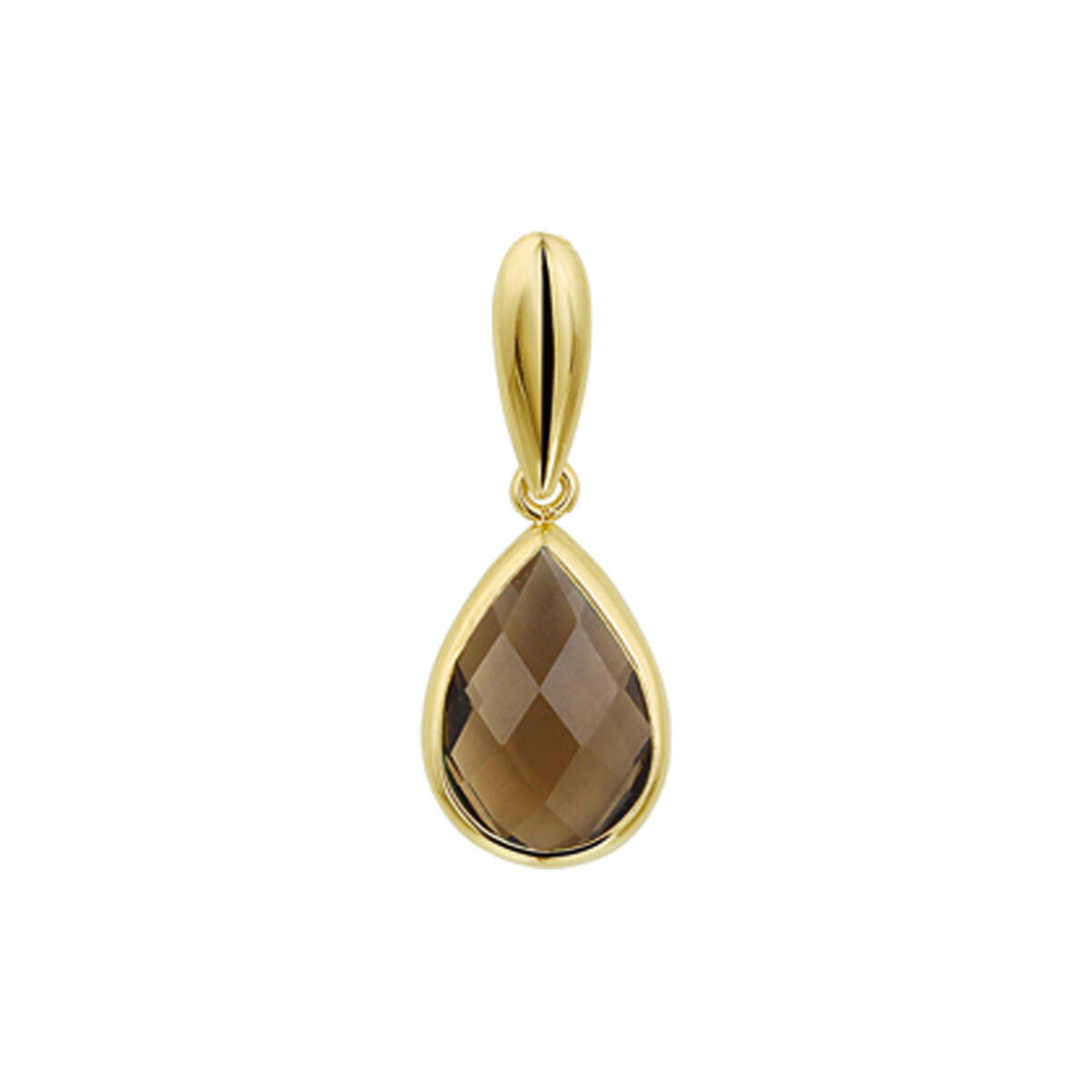Colgante de cuarzo ahumado en oro amarillo de 14 quilates, con forma de gota y facetado.