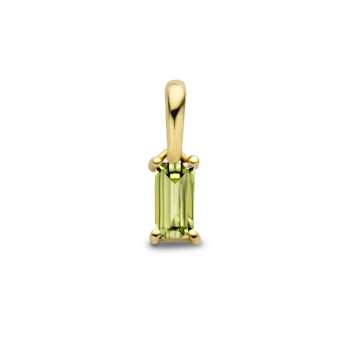 Colgante de oro amarillo de 14K con piedra de nacimiento rectangular en tono verde.