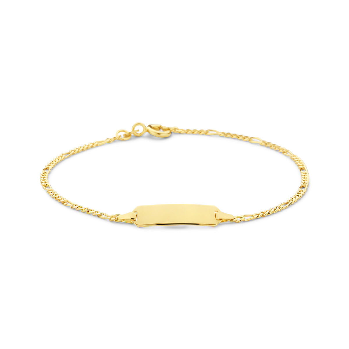 Pulsera de 14K en oro amarillo con placa grabable y cadena trenzada.