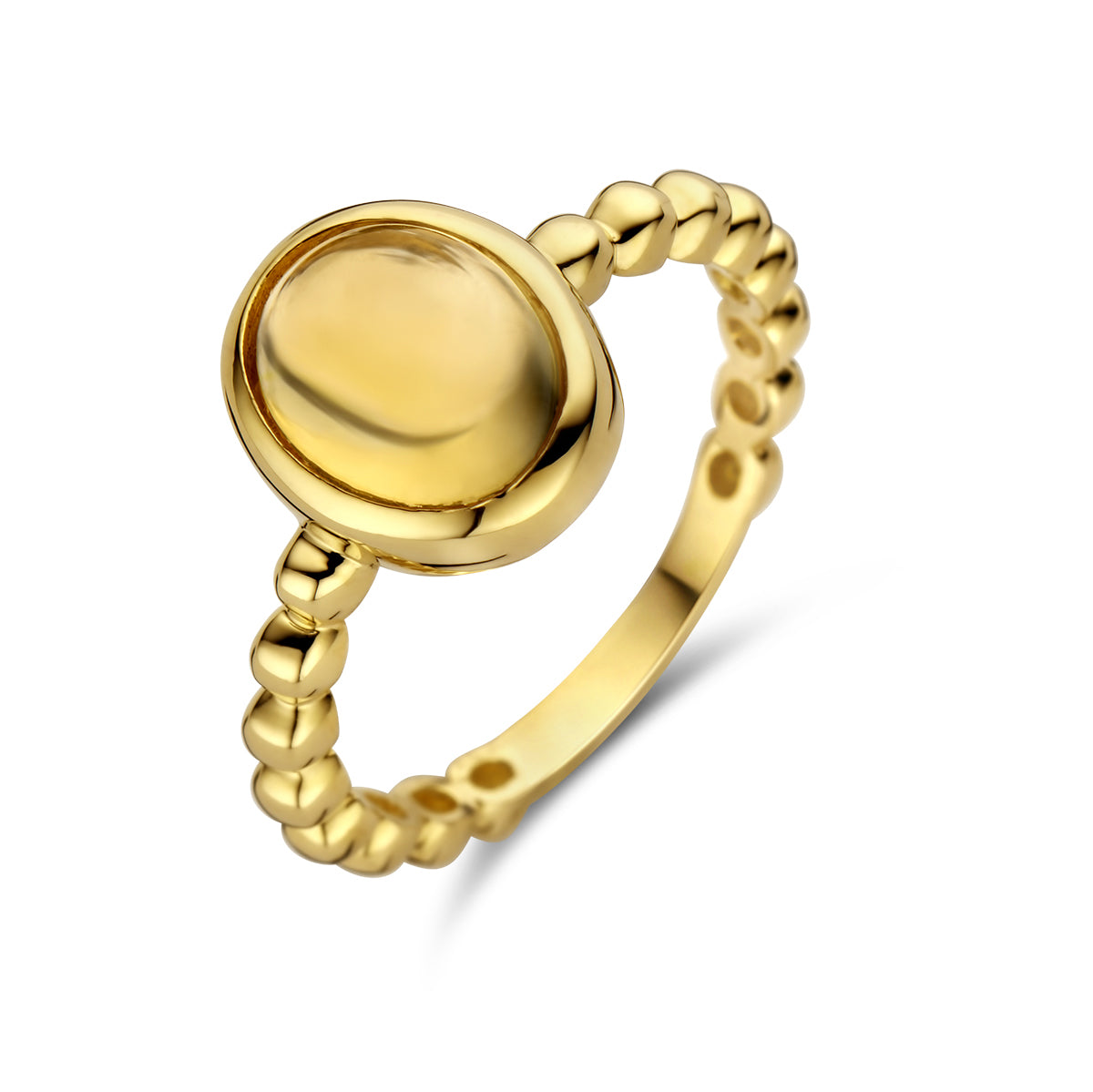 Anillo de citrino en oro amarillo de 14 quilates con banda de bolitas.