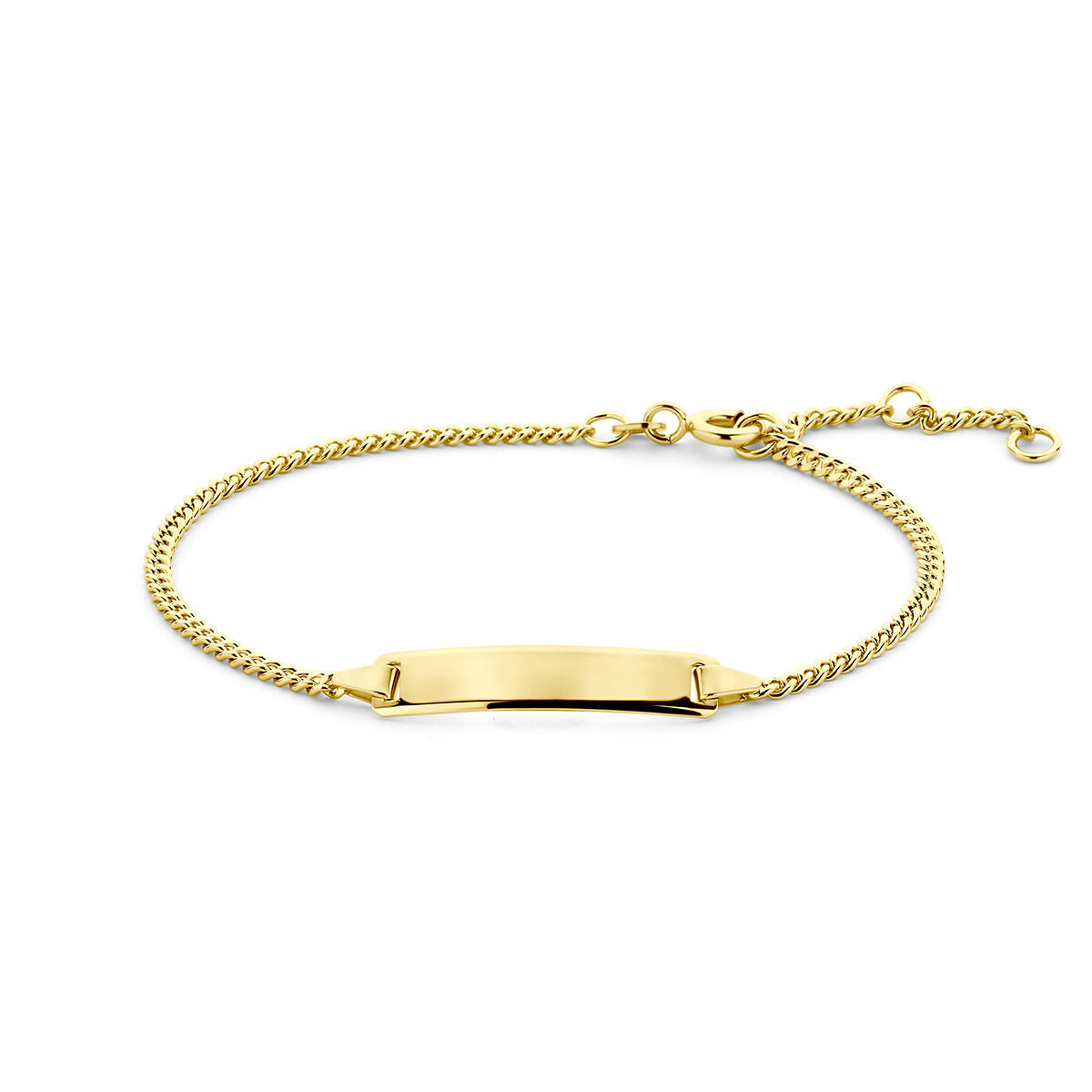 Pulsera gourmette de 14K en oro amarillo con placa grabable y cadena ajustable.