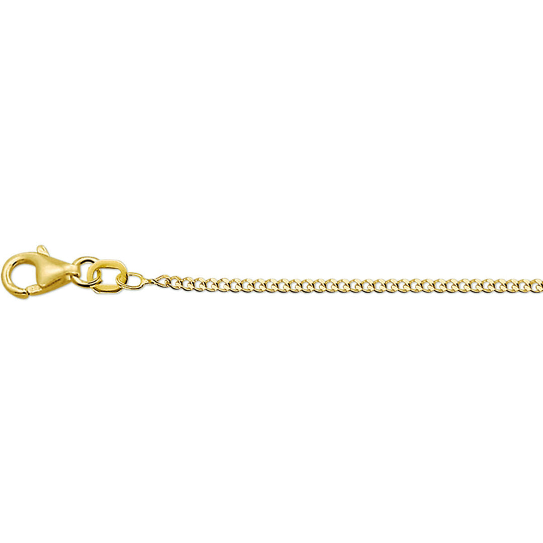 Een close-up van de Van der Kooij Collectie gourmette 4-zijdes geslepen 1,4 mm 19 + 2 cm (heren lengte) 14K geelgoud ketting met karabijnsluiting, afgebeeld tegen een witte achtergrond.