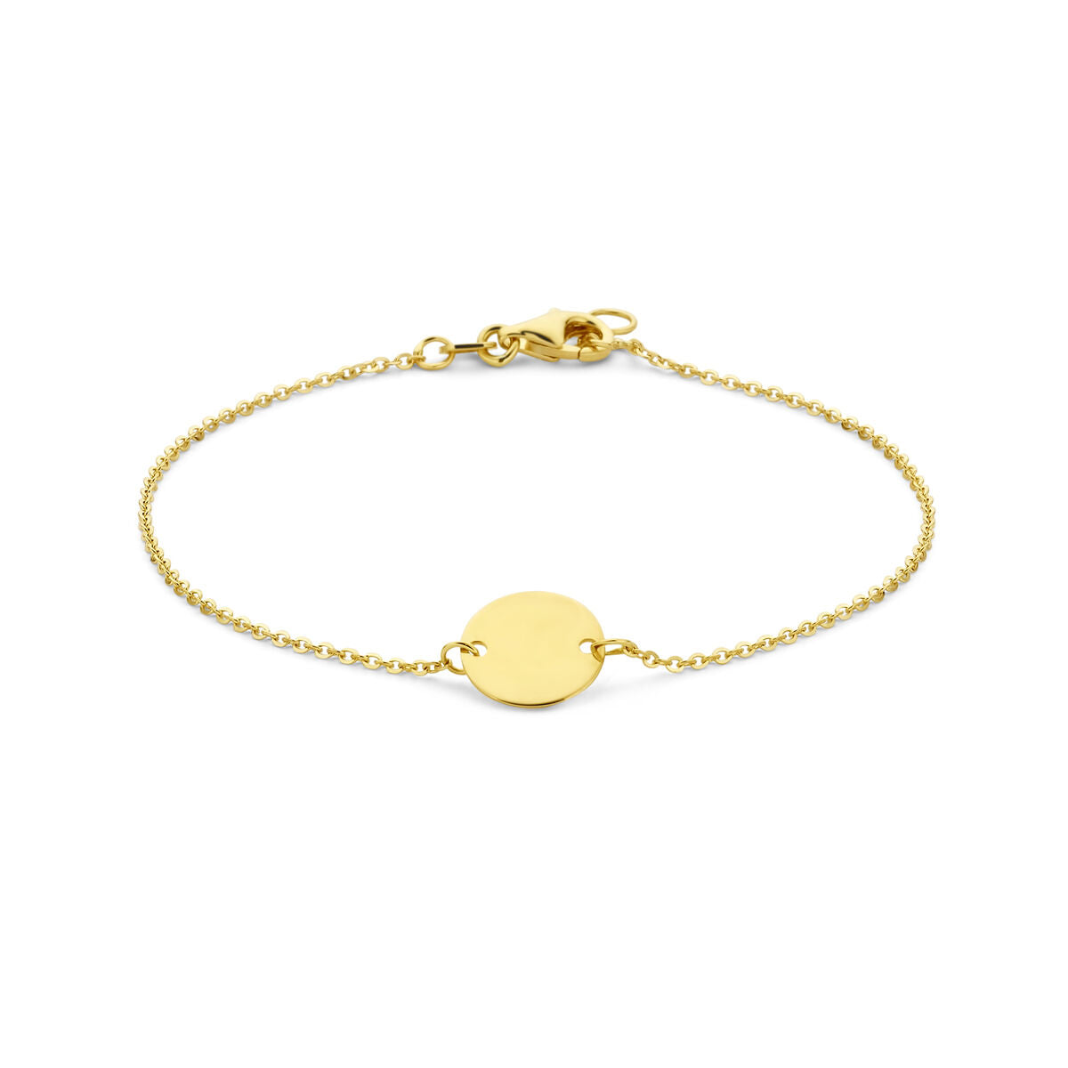 Pulsera de 14K en oro amarillo con un círculo central liso y cadena delicada.
