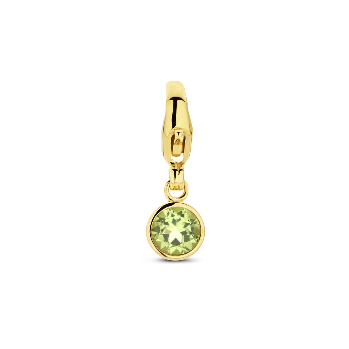 Colgante de oro amarillo de 14K con piedra de nacimiento verde claro.