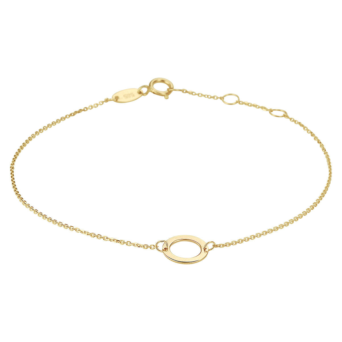 Pulsera de 14K en oro amarillo con eslabones finos y un colgante ovalado.