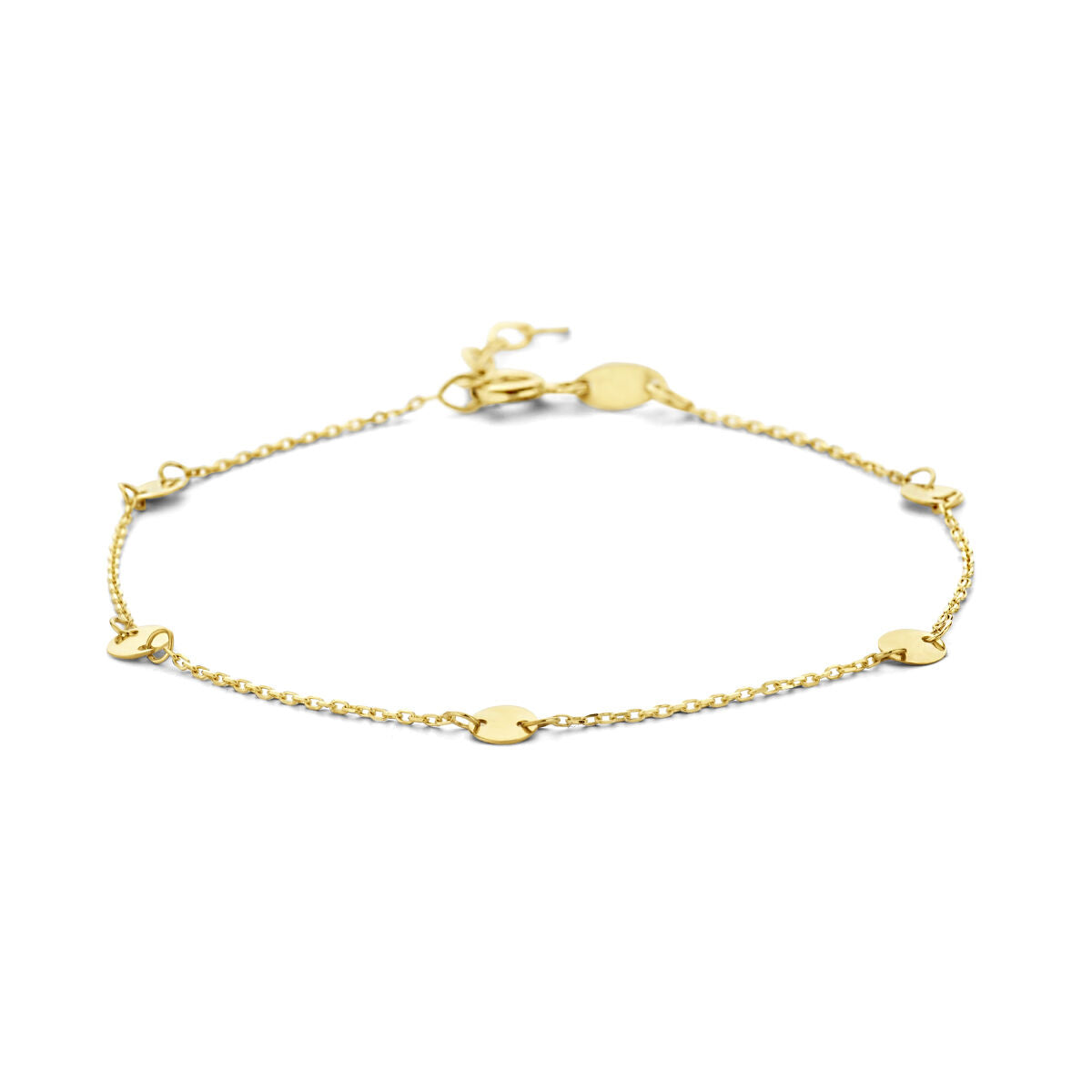 Pulsera de 14K en oro amarillo con placas redondas y cadena delicada, ajustable de 16,5 a 18,5 cm.
