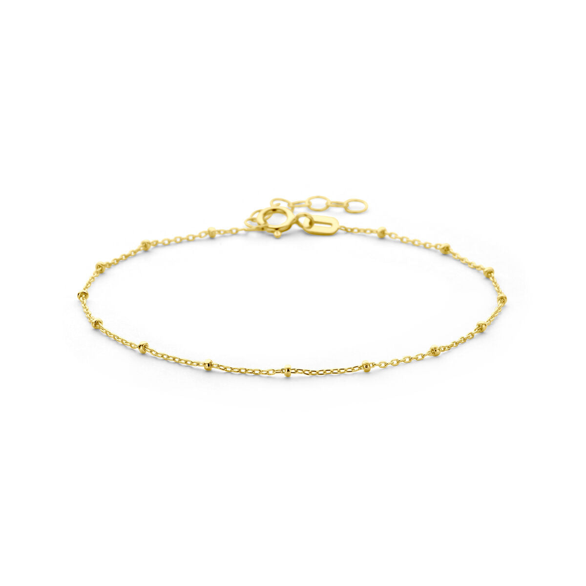 Pulsera de bolitas de 1,3 mm en oro amarillo de 14K, con longitud ajustable de 16 a 19 cm.