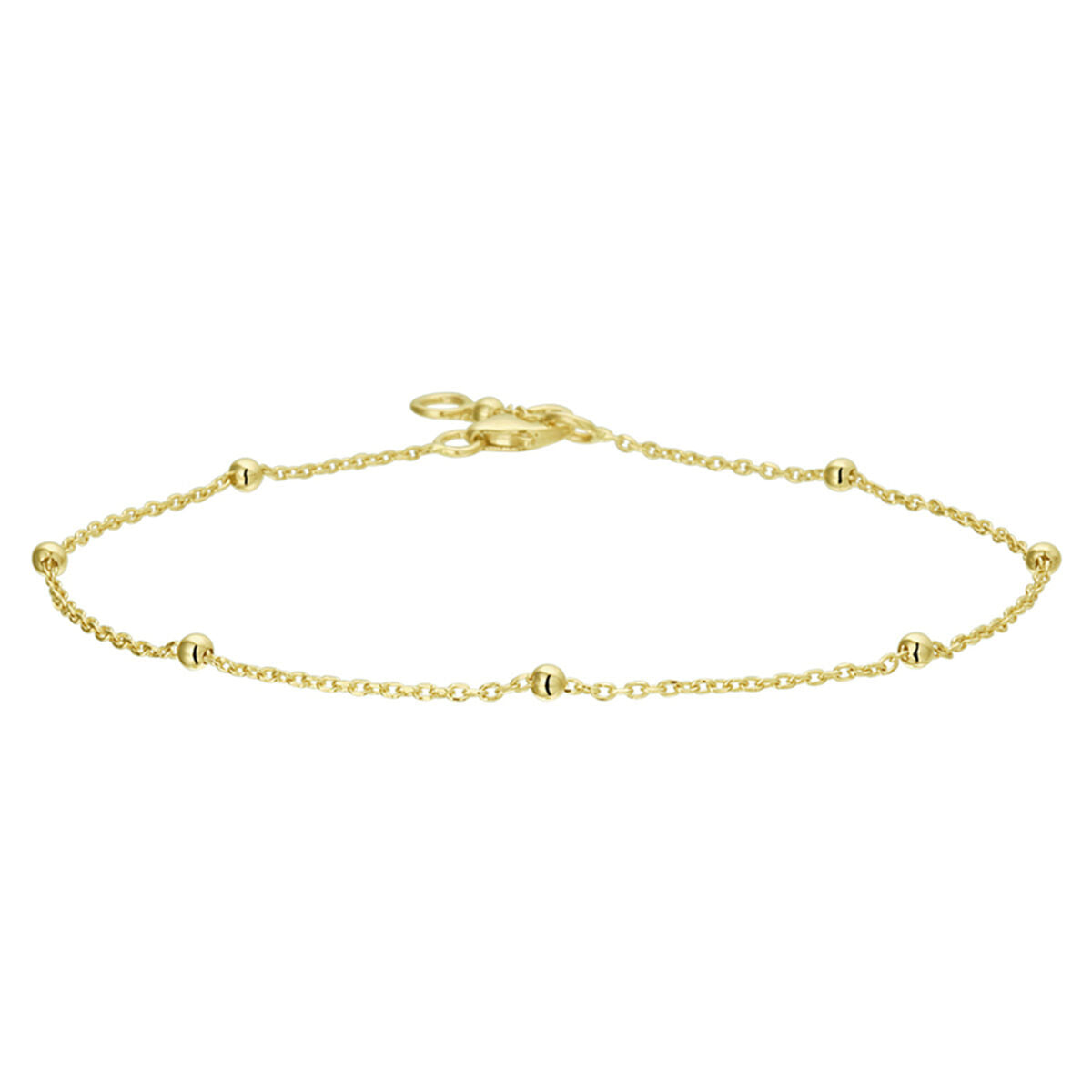 Pulsera de ancla en oro amarillo de 14K con bolitas de 1,0 mm, longitud de 17 a 19 cm.