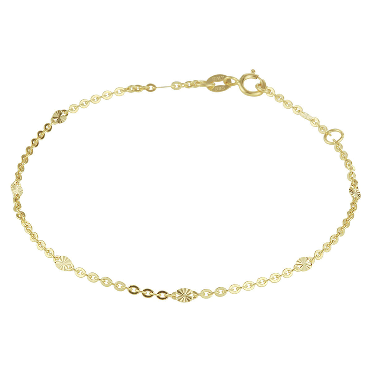 Pulsera de 14K en oro amarillo de 1,5 mm, con detalles decorativos y longitud ajustable de 16 a 18 cm.