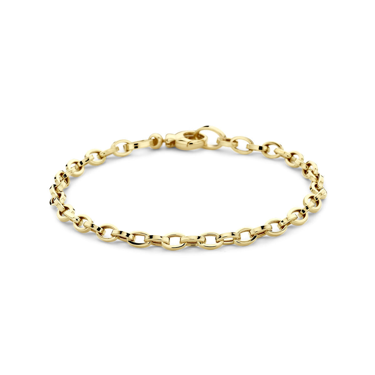 Pulsera de 14 quilates en oro amarillo, con eslabones de 4 mm y longitud de 18,5 cm.