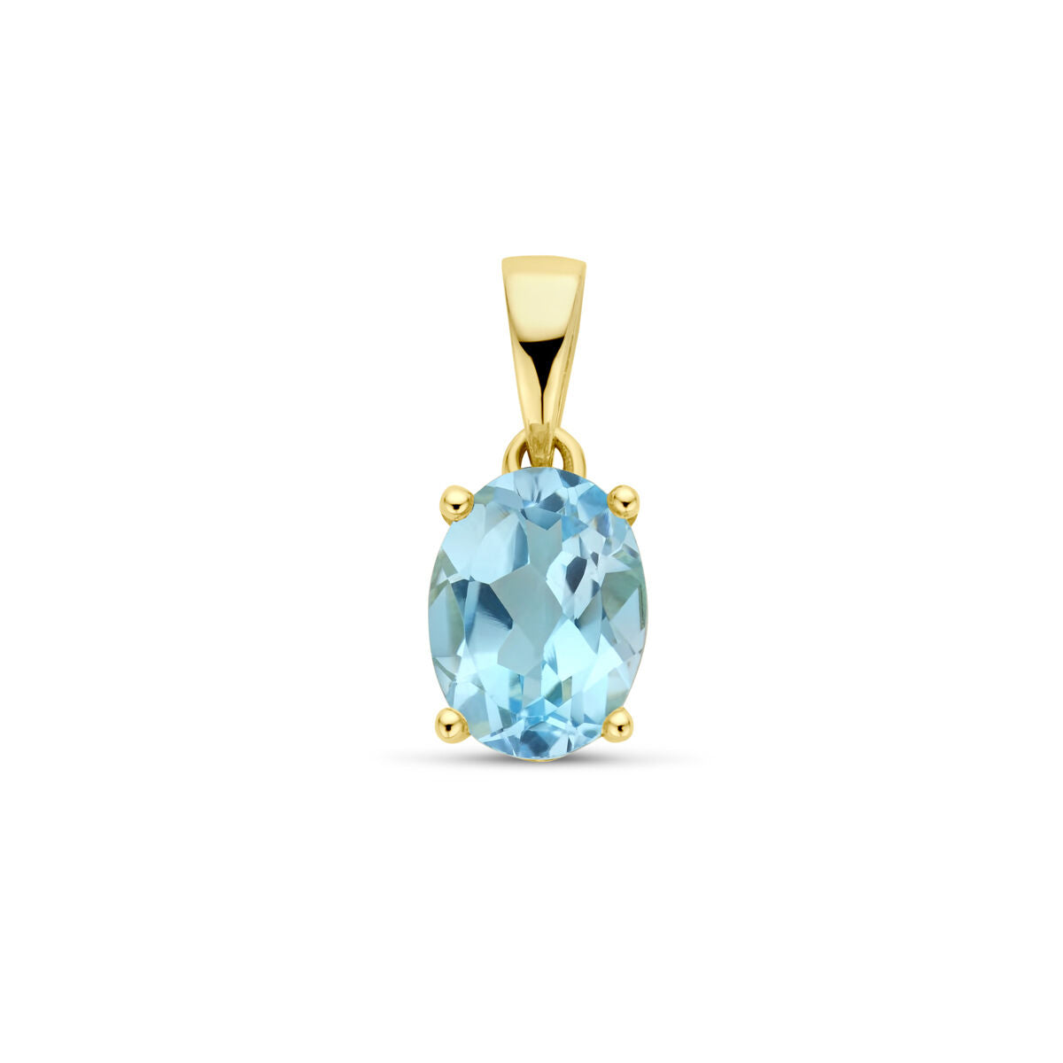 Colgante de topacio azul ovalado con engaste en oro amarillo de 14 quilates.