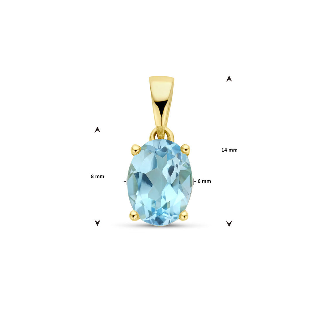 Van der Kooij Collectie hanger blauw topaas 14K geelgoud, ovaal geslepen edelsteen ca. 14x8x6 mm. Zwarte pijlen en maataanduidingen tonen de afmetingen. Stijlvol dames sieraad voor elke gelegenheid.