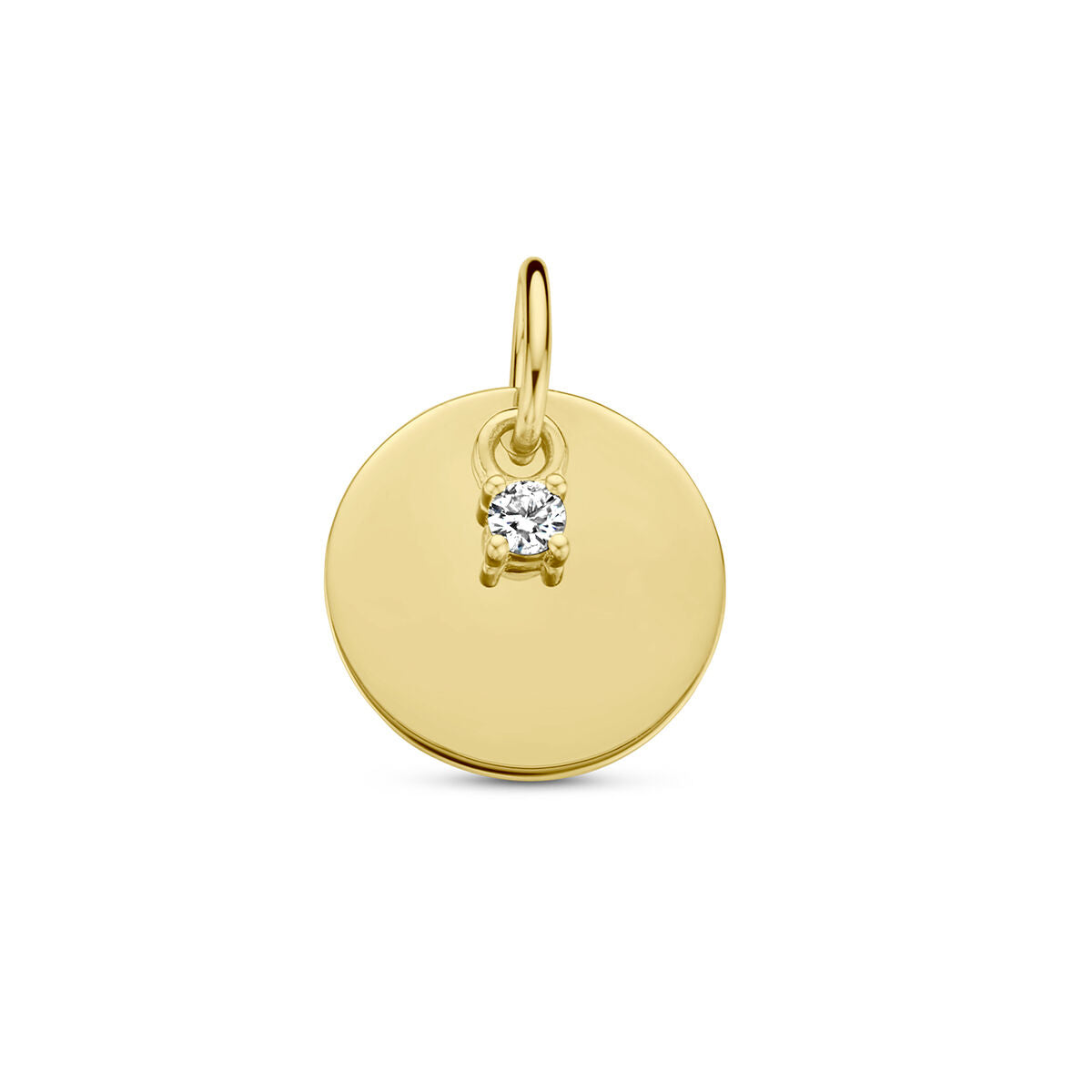 Colgante circular de oro amarillo de 14K con un diamante brillante.