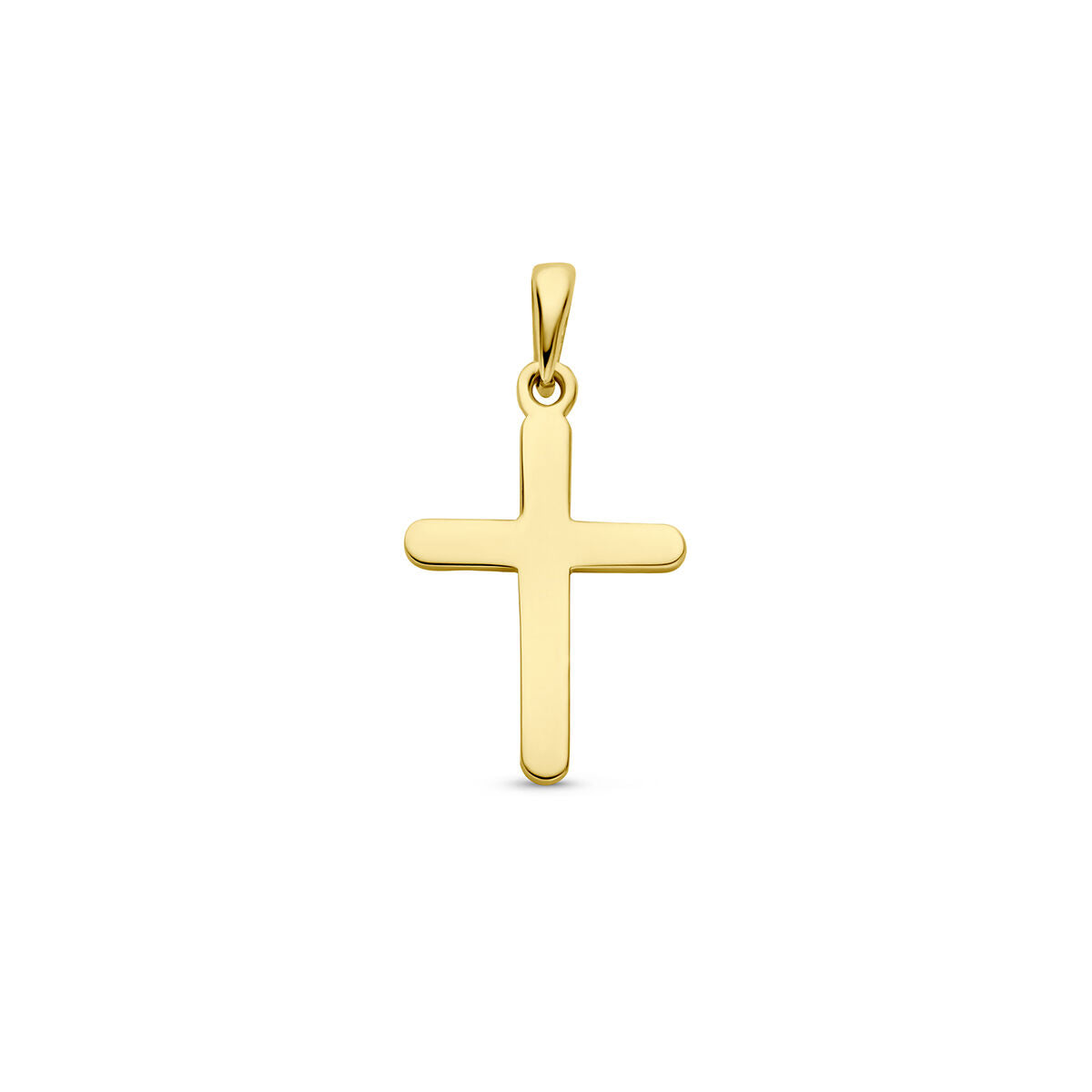 Colgante de cruz en oro amarillo de 14 quilates, con un diseño simple y acabado pulido.