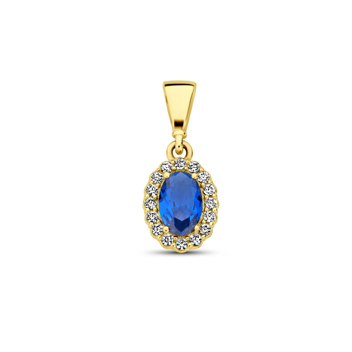 Colgante de oro amarillo de 14K con piedra de nacimiento de circonita azul y circonitas brillantes.