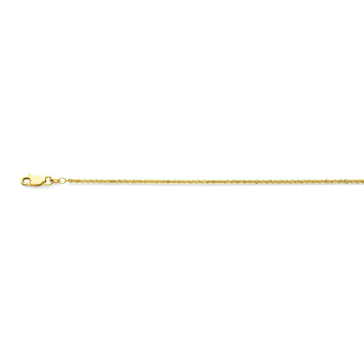 De Van der Kooij Collectie koord 1,7 mm massief 14K geelgoud damesketting met kleine karabijnsluiting is horizontaal gepresenteerd op een witte achtergrond.