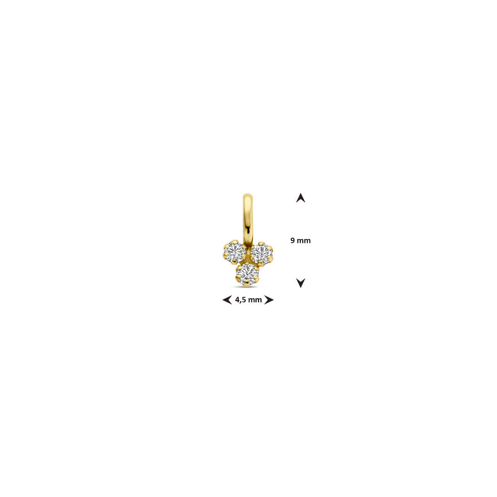De Van der Kooij Collectie hanger zirkonia 9 mm 14K geelgoud heeft drie ronde, witte zirkonia in een elegante driehoekige cluster. De dameshanger meet 9 x 4,5 mm en wordt gebruikt tegen een witte achtergrond met maatvermelding.