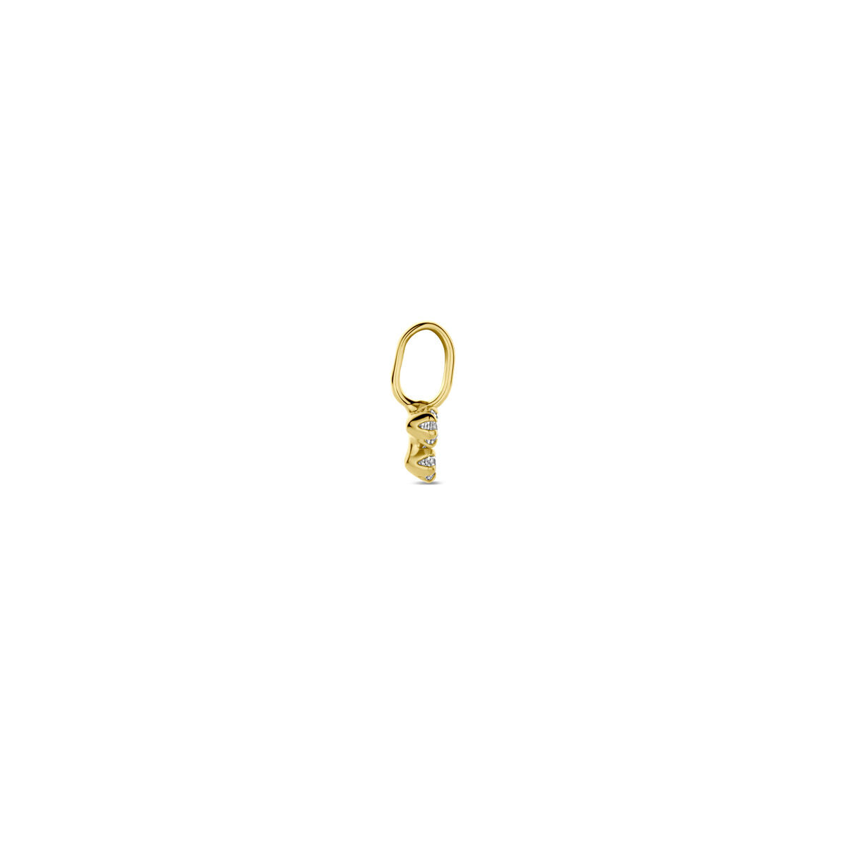 De Van der Kooij Collectie hanger zirkonia 9 mm 14K geelgoud heeft een lusvormige bovenkant, een cilindrisch draaiend ontwerp en sprankelende zirkonia-stenen - perfect voor damessieradencollecties. Gecentreerd weergegeven op een witte achtergrond.