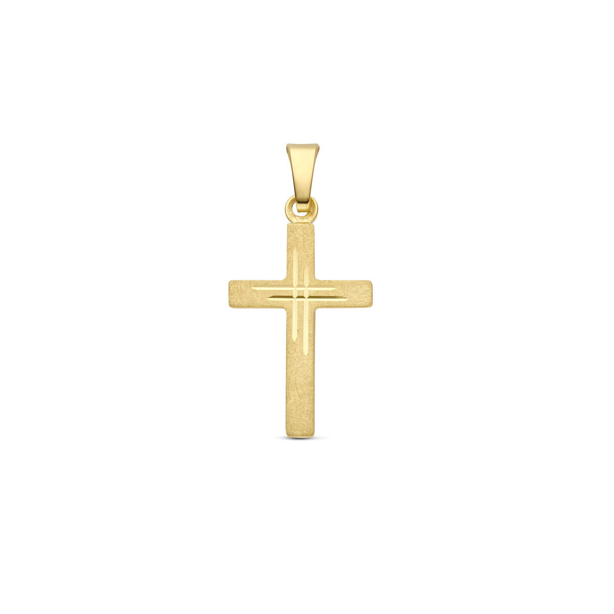 Colgante de cruz de oro amarillo de 14K con acabado pulido y detalles brillantes.