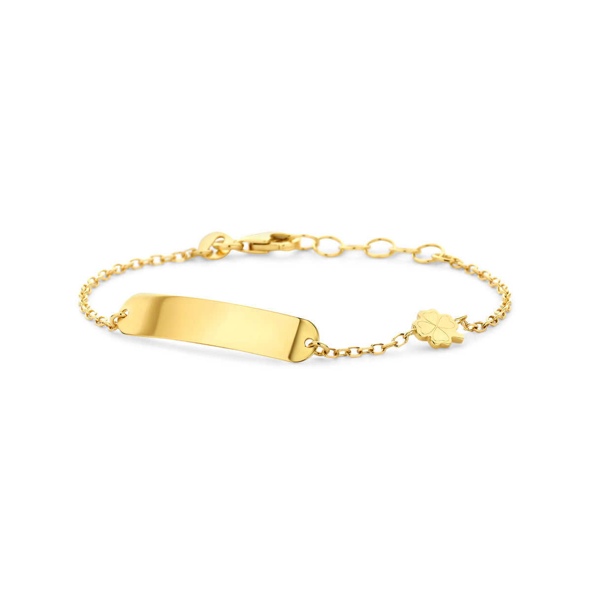 Pulsera de oro amarillo de 14K con placa grabable y charm de trébol.