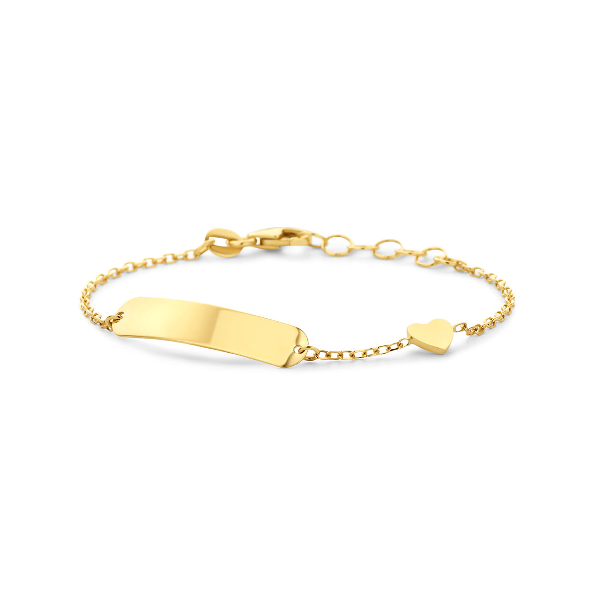 Pulsera de 14K en oro amarillo con placa grabable y charm en forma de corazón.