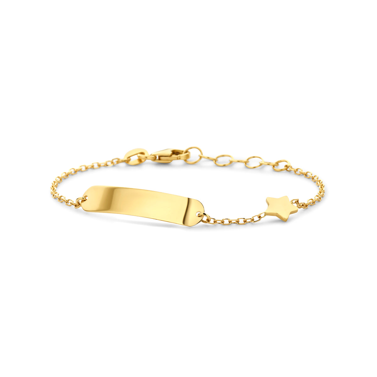 Pulsera de oro amarillo de 14K con placa grabable y estrella decorativa.