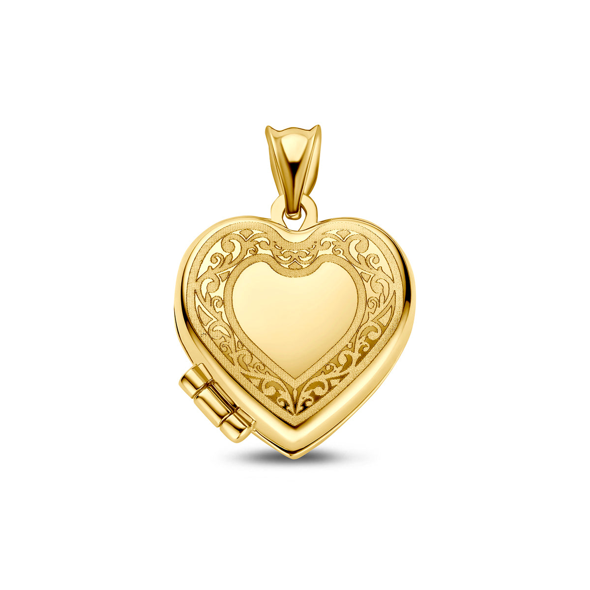 Colgante en forma de corazón de 14K oro amarillo con grabado decorativo.