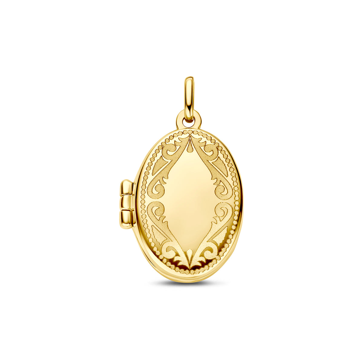 Colgante ovalado de 17 mm en oro amarillo de 14K con grabado decorativo.