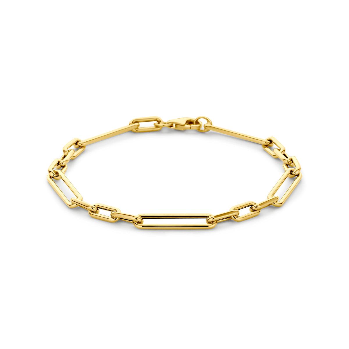 Pulsera de eslabones de 14K en oro amarillo, con un grosor de 4,3 mm y longitud de 19 cm.