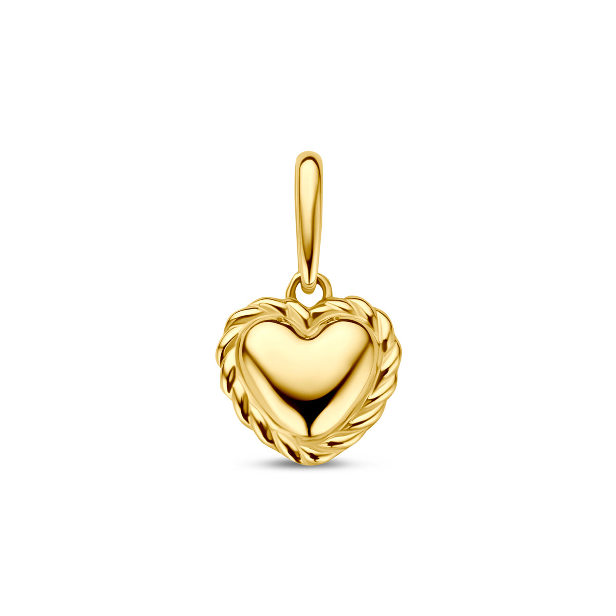 Colgante en forma de corazón de 7 mm en oro amarillo de 14 quilates con detalle trenzado.