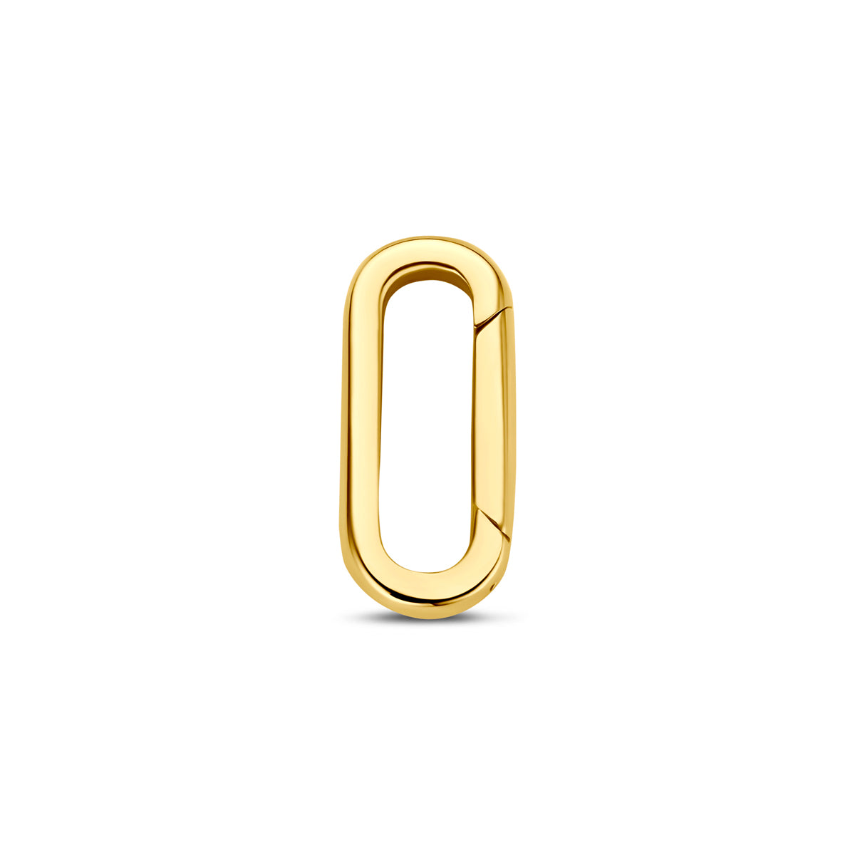 Conector de 10 mm en oro amarillo de 14 quilates con forma ovalada y acabado pulido.