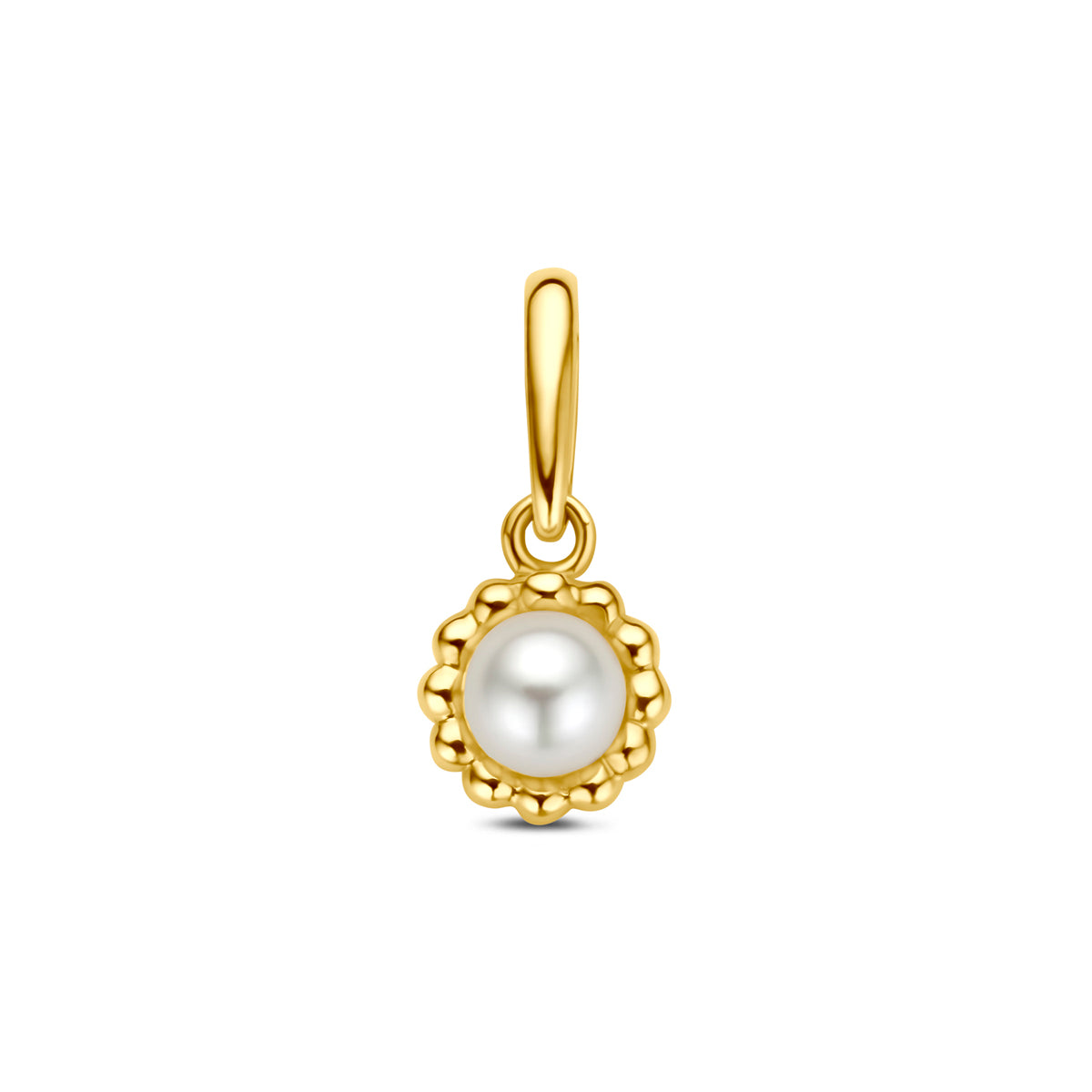 Colgante de perla de 5,5 mm en oro amarillo de 14 quilates con detalle de filigrana.