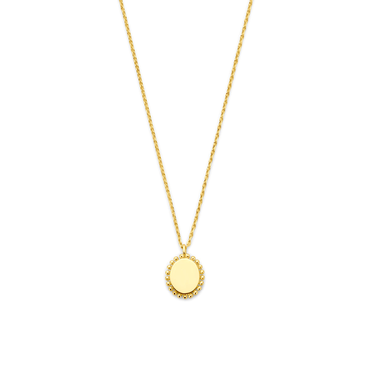Collar de 14K en oro amarillo con colgante redondo y cadena delicada.