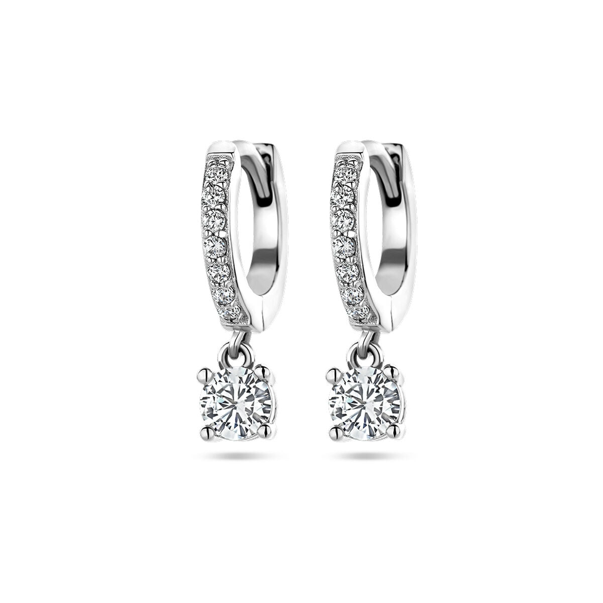 Pendientes de aro de plata rodiada con circonitas brillantes y colgante en forma de cuadrado.
