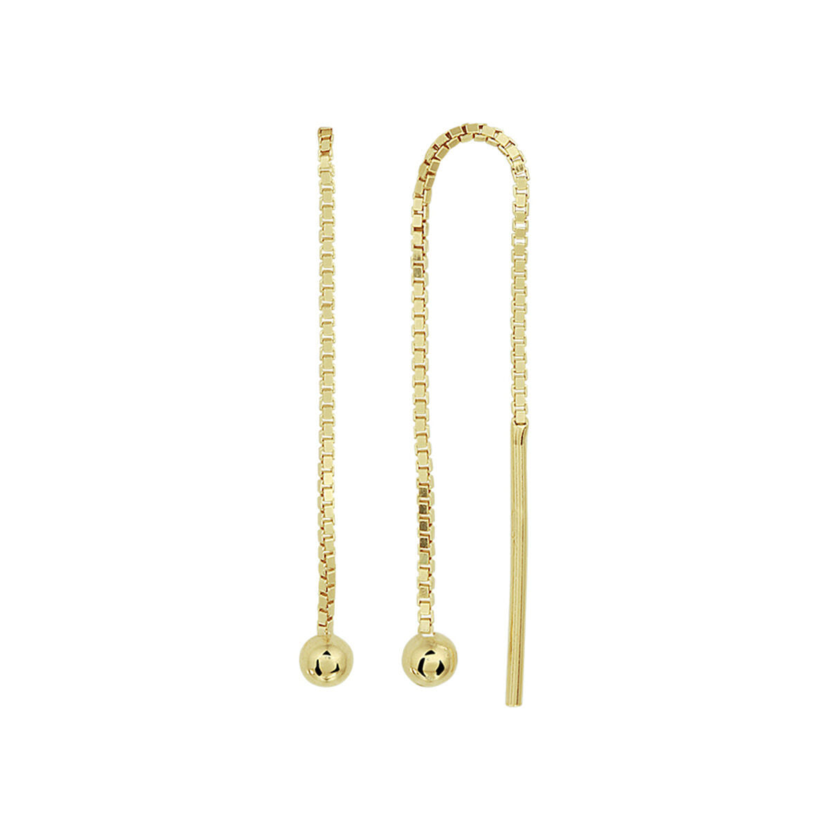 Pendientes largos de oro amarillo con bolita, diseño de cadena fina.